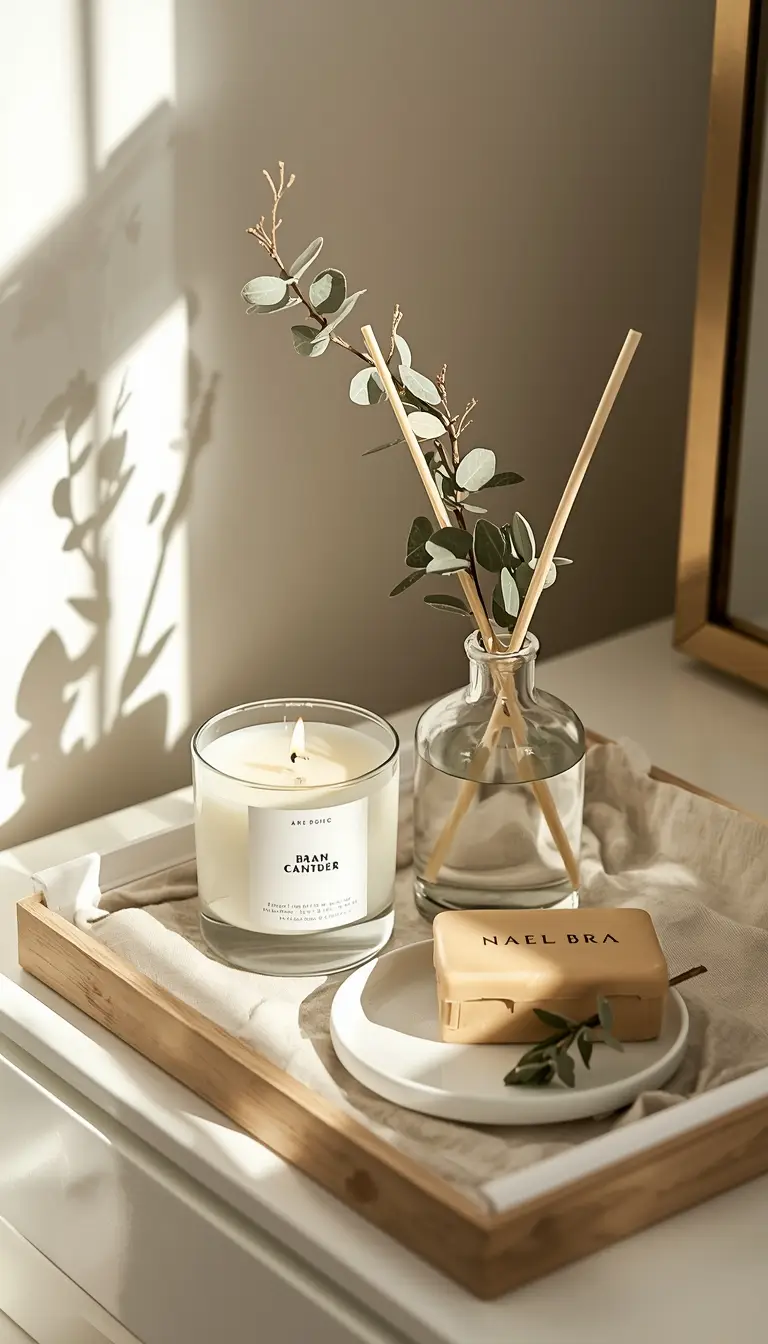 Spring bedroom dresser with soy candle diffuser eucalyptus stems and botanical soap on a linen tray in morning light
