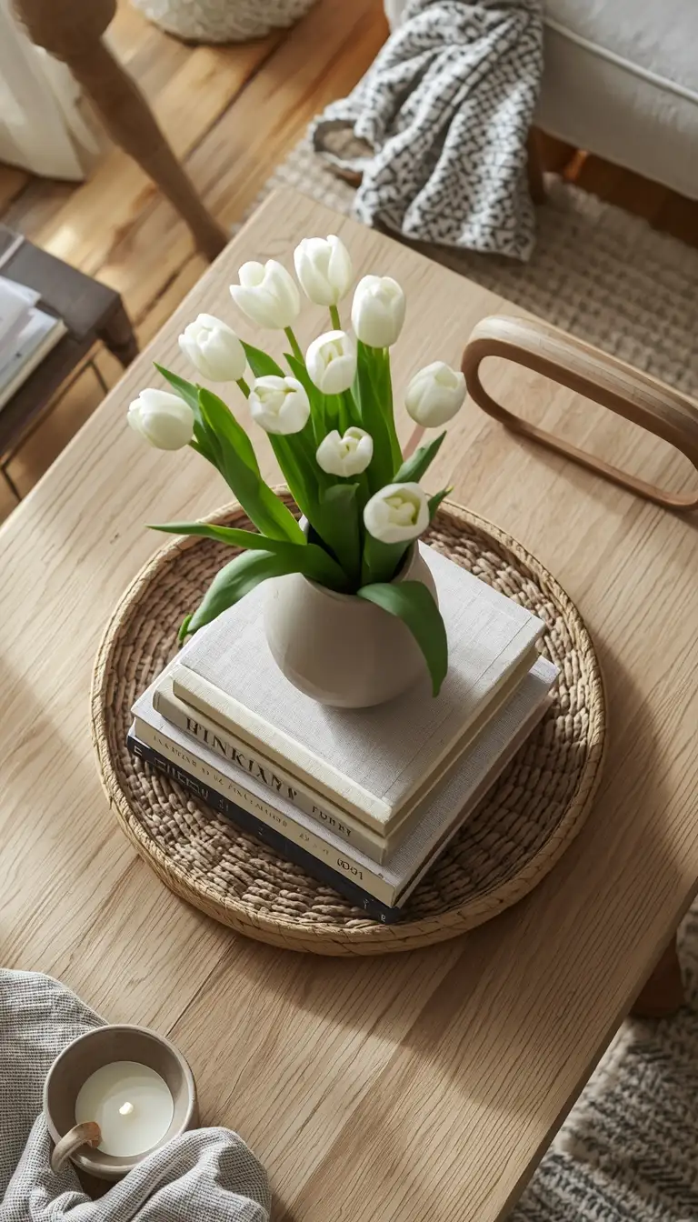 Spring coffee table vignette with white tulips, candle, and woven tray on oak table