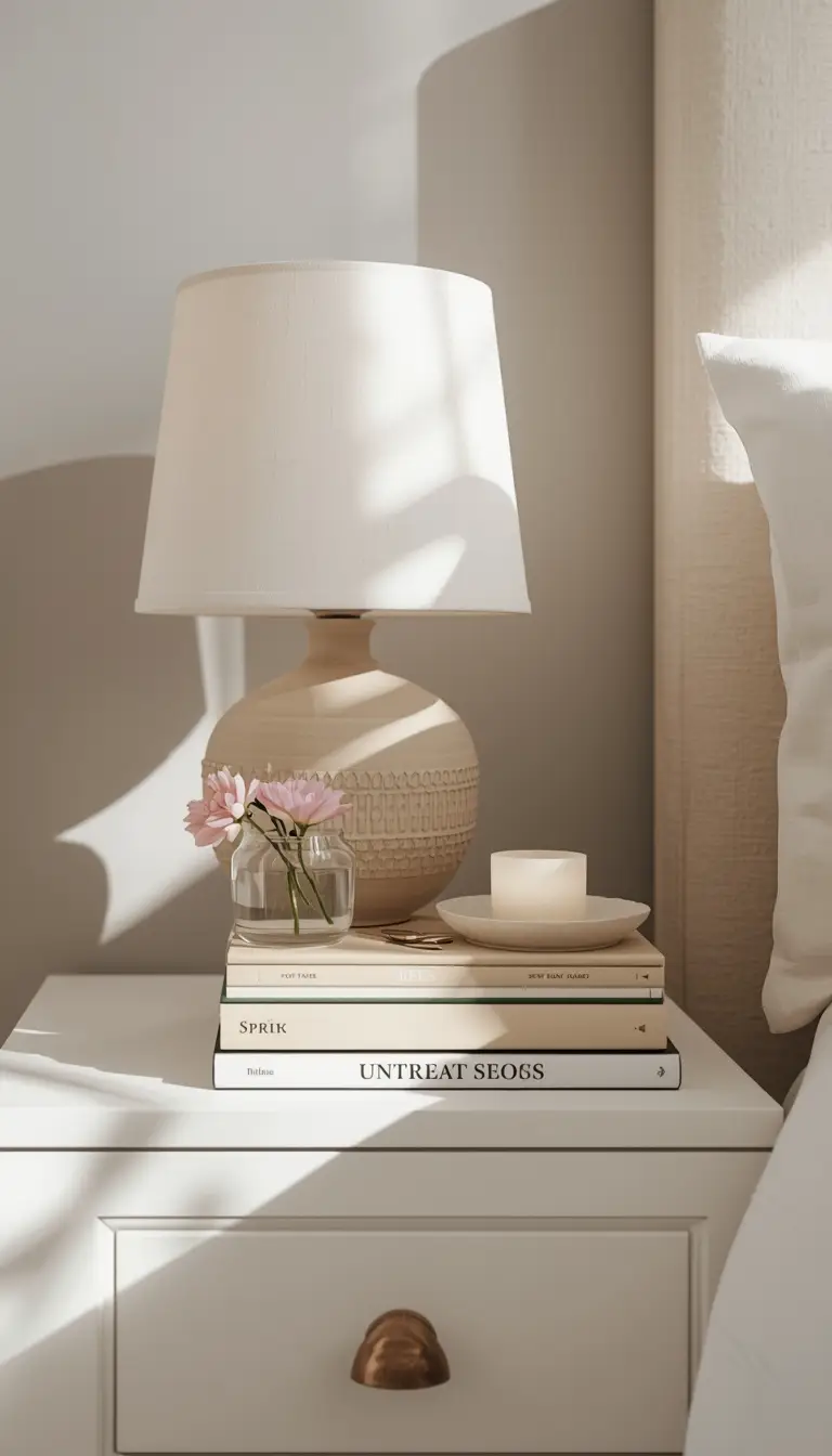 Spring styled bedroom nightstand with ceramic lamp bud vase stack of books and candle in soft morning light