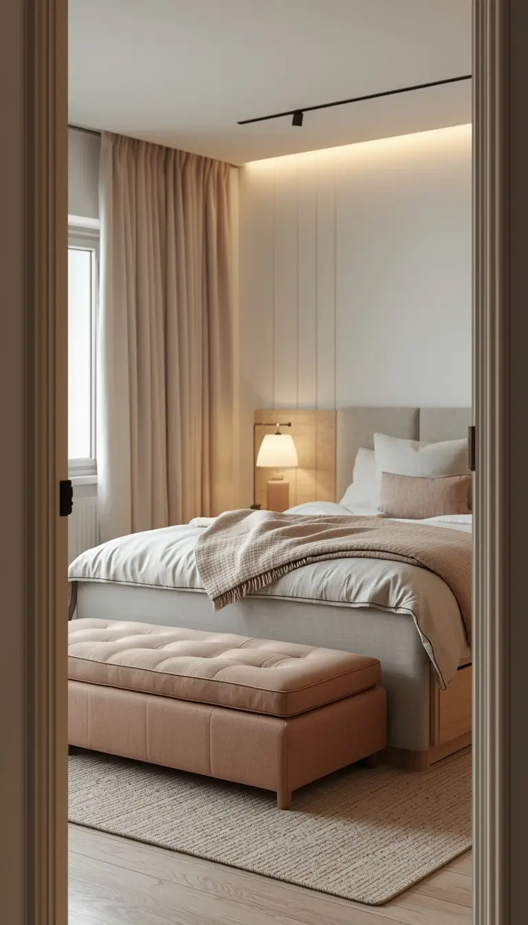 Storage ottoman bench at the foot of a platform bed with drawer storage in a minimalist small bedroom