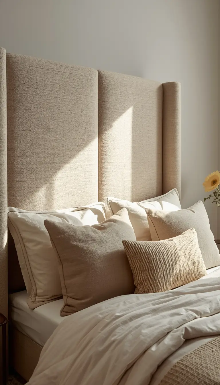 Tall boucle upholstered headboard with layered cream pillows in a cozy minimal small bedroom