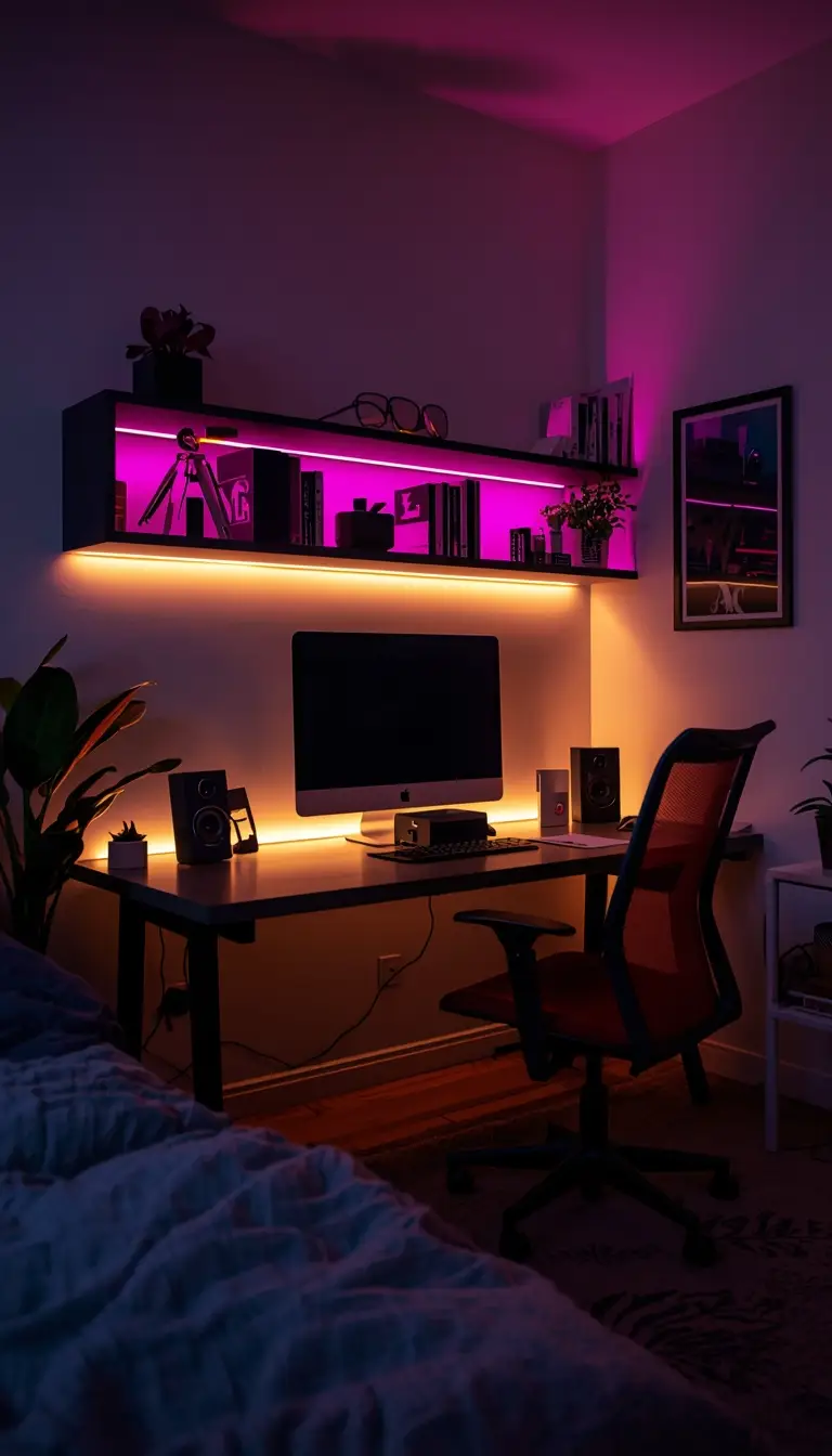 Tech-forward dorm living room with LED strip lighting behind shelves and under a desk, creating warm ambient and color-accent glow.
