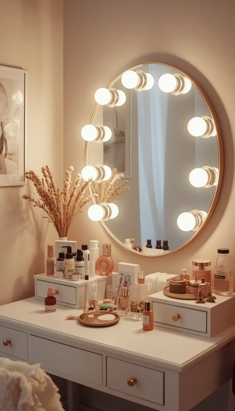 Teen aesthetic vanity corner with Hollywood lighted mirror, white desk with skincare and perfume bottles, gold accents and dried flowers in blush and white tones