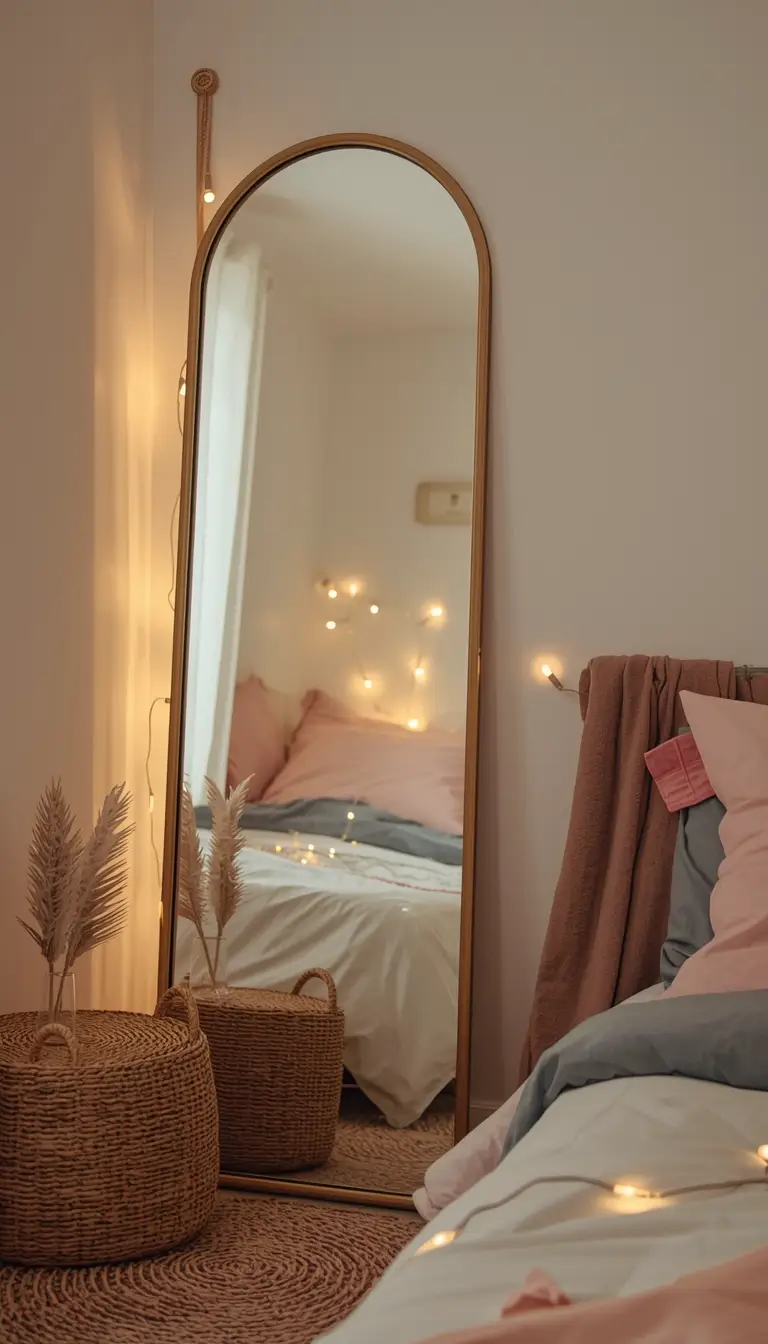 Teen bedroom with large arched full-length mirror leaning against white wall reflecting cozy bed with pastel bedding and fairy