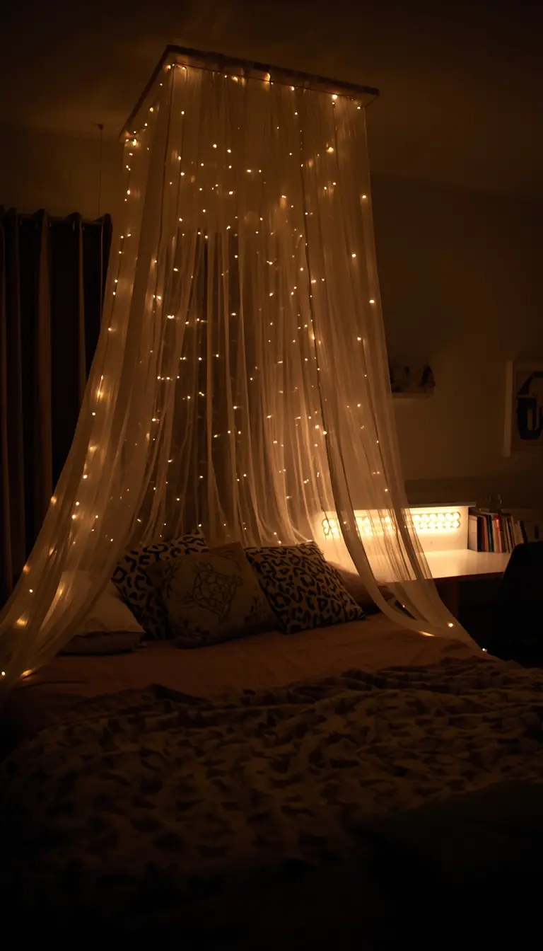 Teen bedroom with warm fairy lights over bed canopy and LED strip lighting behind desk creating a cozy moody aesthetic atmosphere