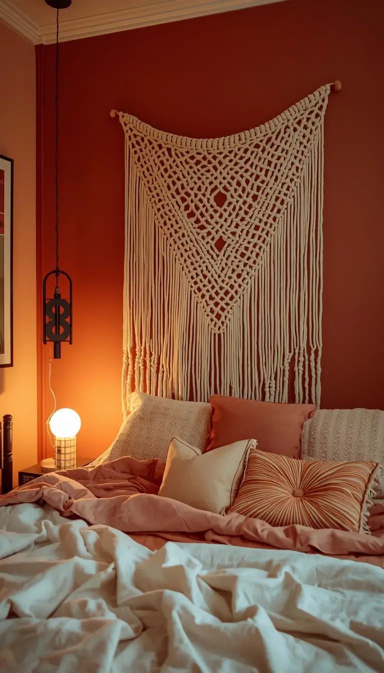 Teen boho bedroom with large woven macramé tapestry above bed as headboard alternative in terracotta and cream tones with warm