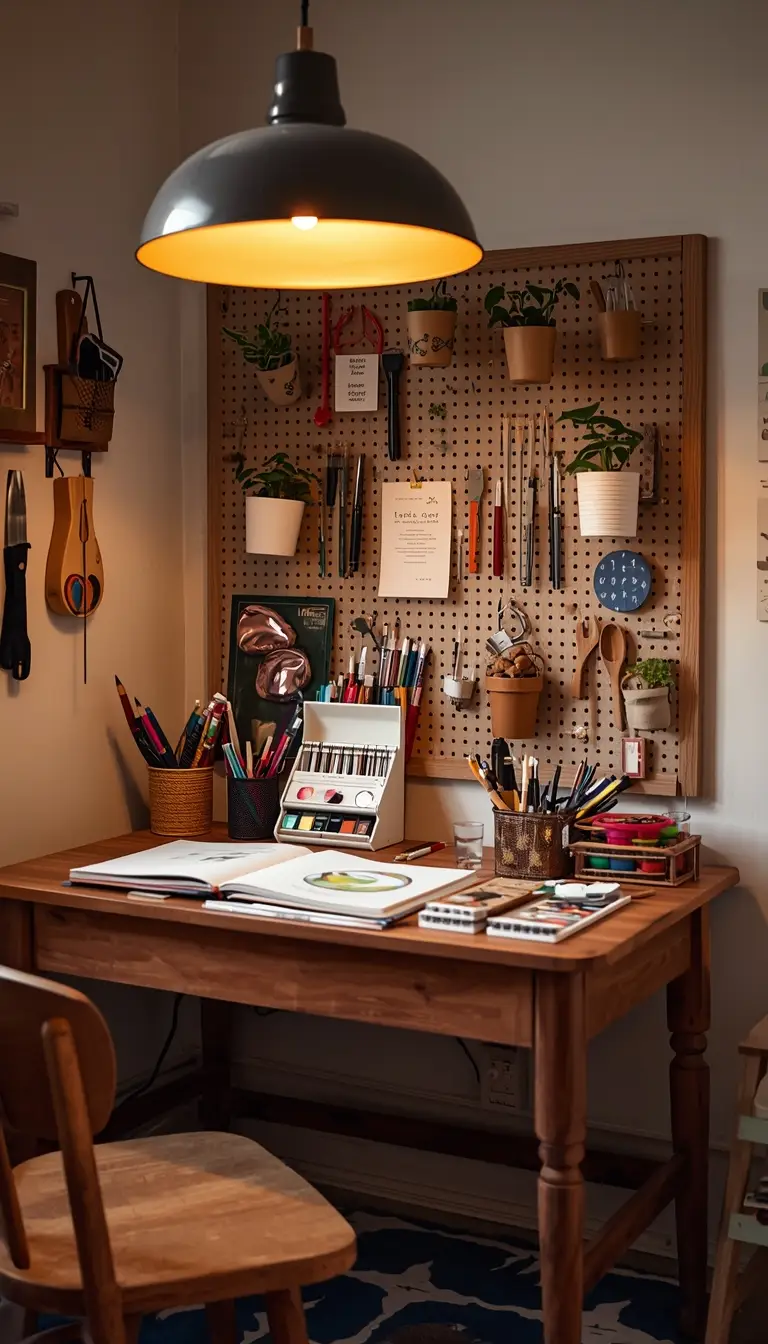 Teen creative art nook with wooden desk, sketchbooks, watercolor supplies, pegboard organizer, and hanging plants in warm lighting