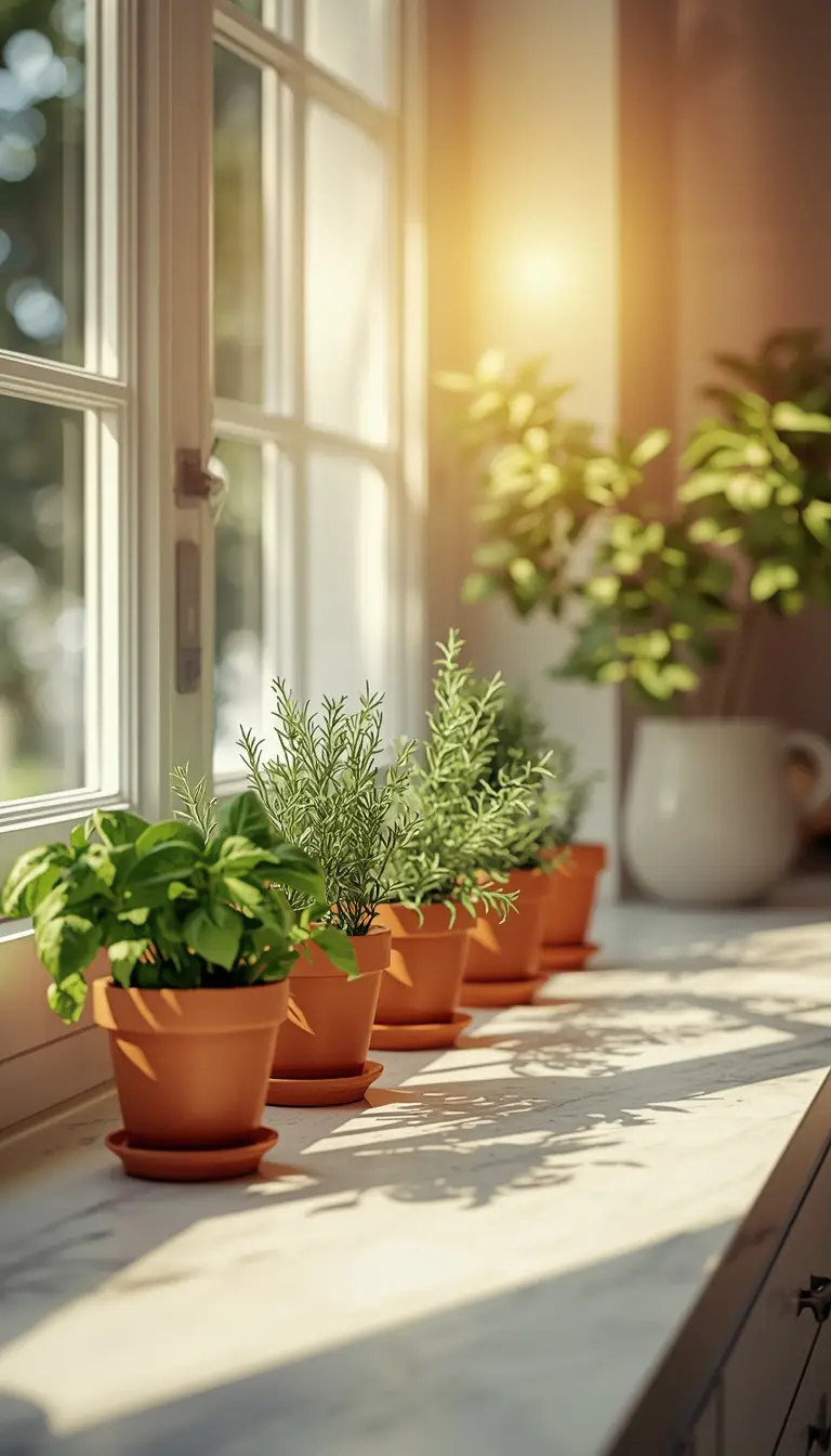 Terracotta pots with fresh herbs arranged on a white marble kitchen counter in warm natural light. Terracotta pots with fresh herbs arranged on a white marble kitchen counter in warm natural light.