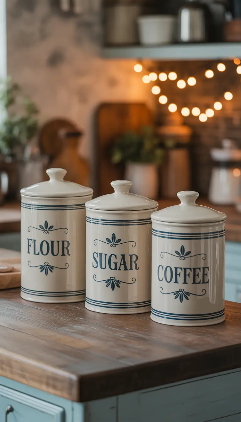 Vintage cream and blue ceramic kitchen canisters for flour, sugar, and coffee on a rustic wood kitchen counter. Vintage cream and blue ceramic kitchen canisters for flour, sugar, and coffee on a rustic wood kitchen counter.