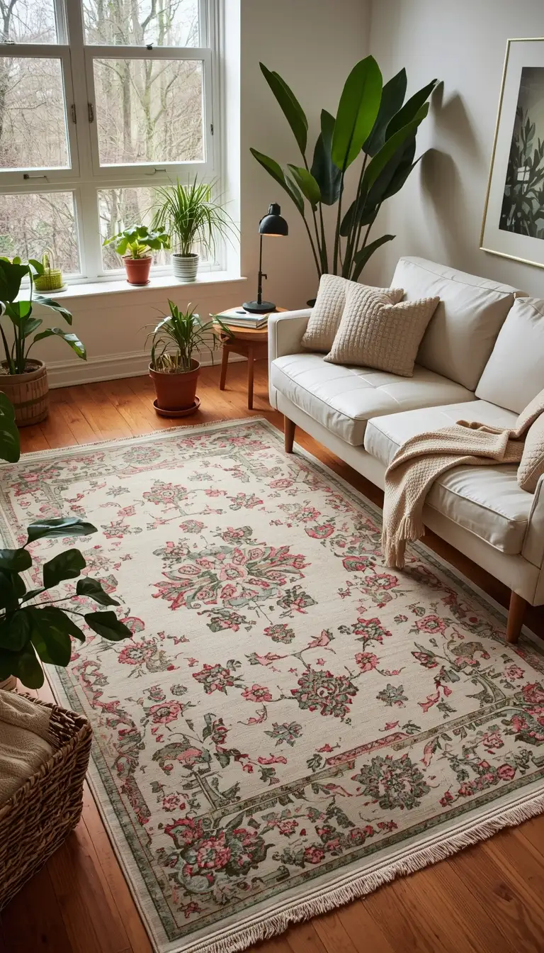 Vintage floral area rug in blush and sage under white sofa in a spring living room