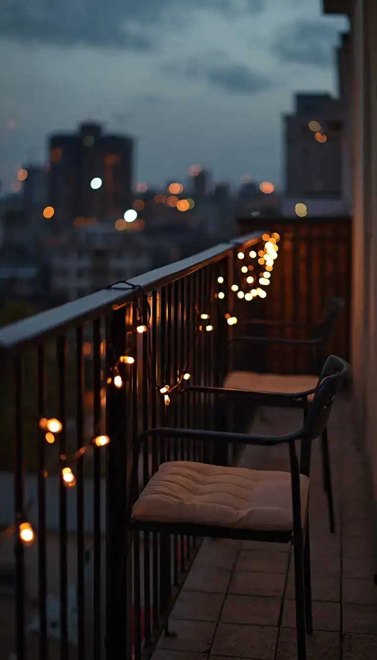 Warm Edison string lights along minimalist balcony railing at dusk with cream cushion chairs