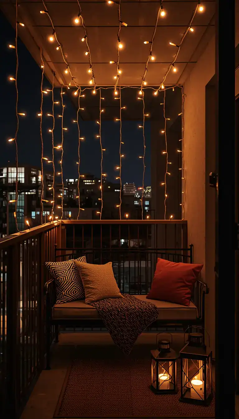 Warm Edison string lights draped over a cozy apartment balcony at night with city views