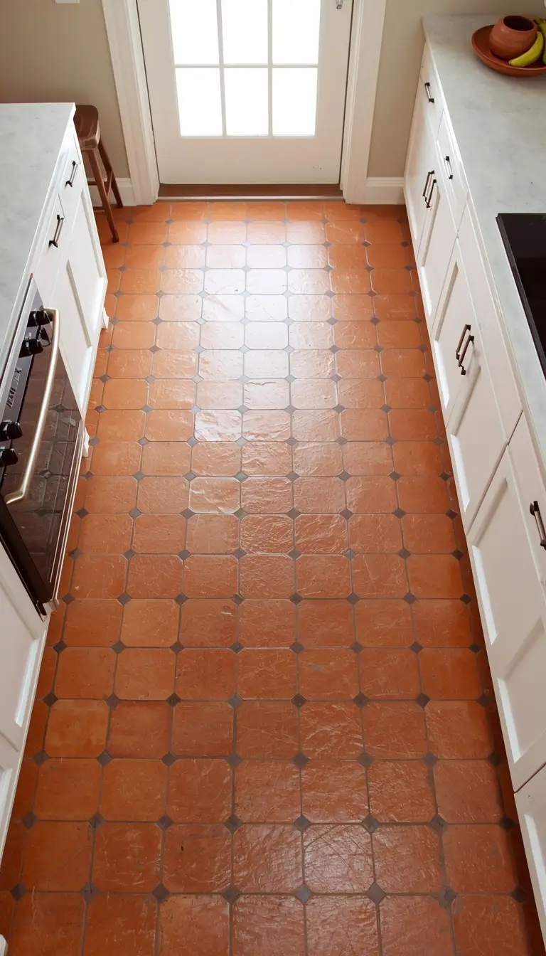 Warm Saltillo terracotta tile floor in a minimalist white kitchen.