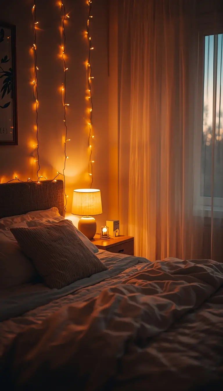 Warm amber fairy lights over a bedroom headboard at golden hour with soft glowing bedside lamp and sheer curtains