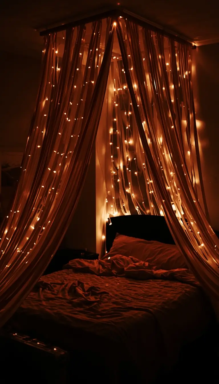 Warm glowing fairy light canopy draped above a cozy bed creating a dreamy bedroom atmosphere