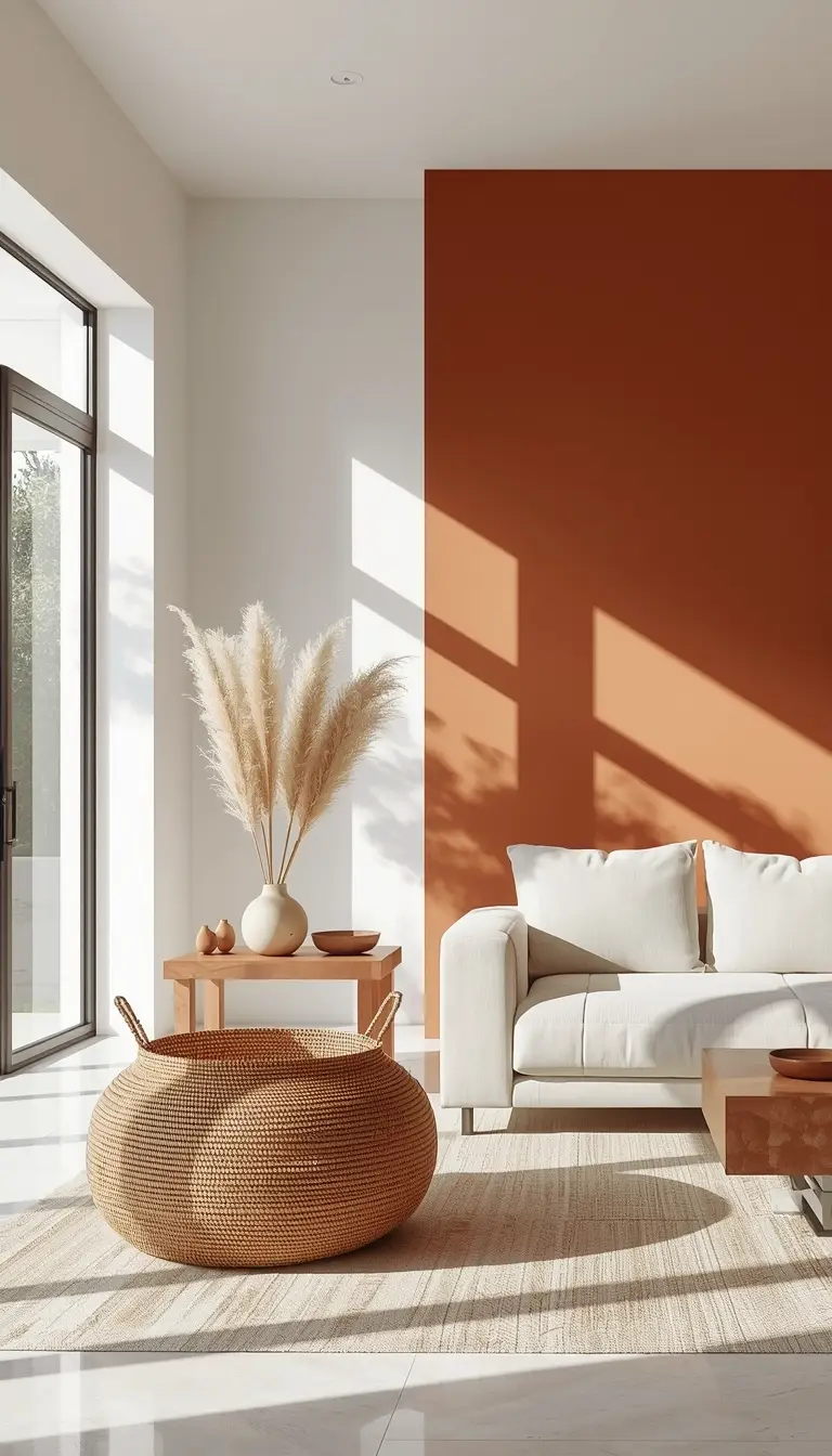 Warm terracotta accent wall in minimalist Mexican style living room.