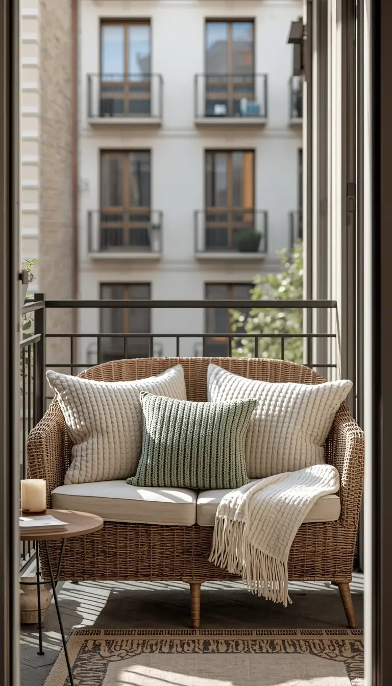 Weather-resistant wicker loveseat on apartment balcony with sage pillows and afternoon sunlight