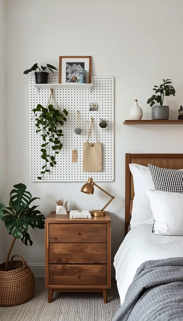 White painted pegboard wall organizer with gold hooks, plants, and art supplies in a Scandinavian-style home office