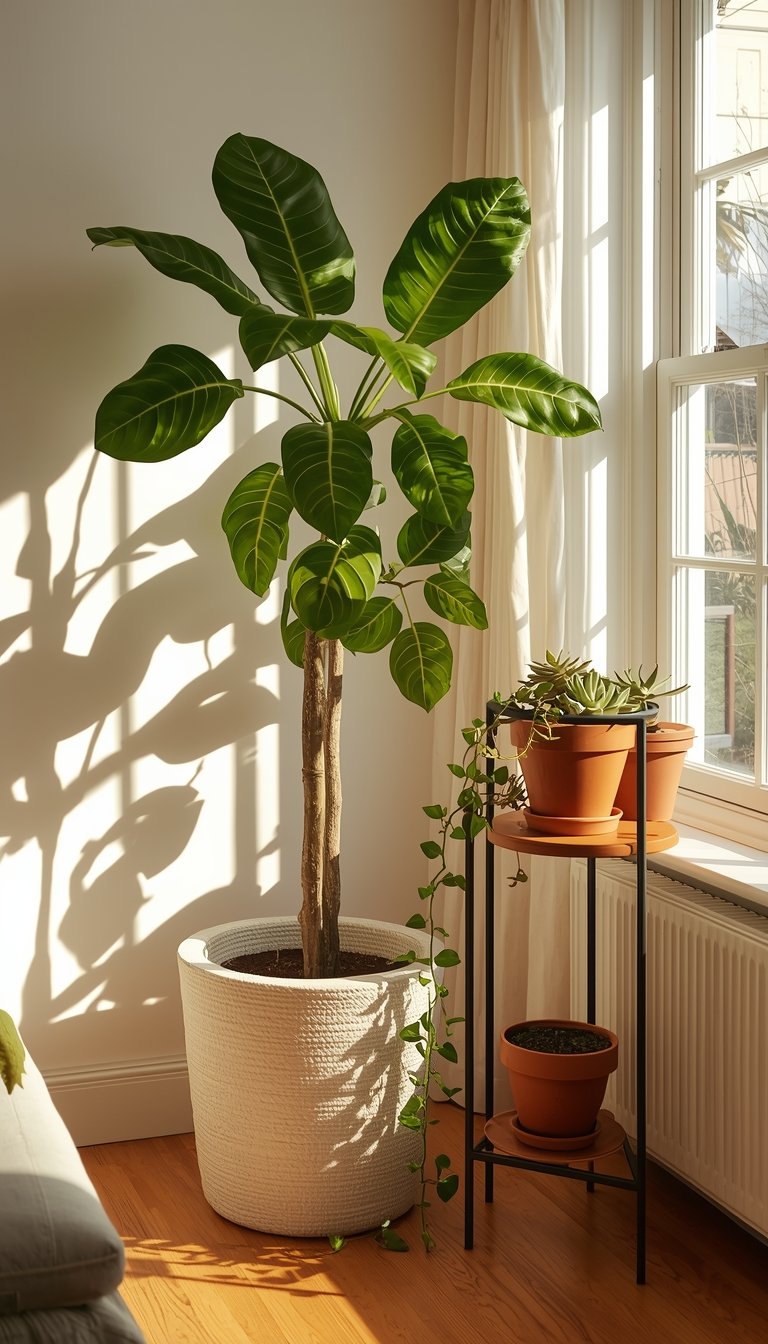 Indoor spring plant corner with fiddle leaf fig, trailing pothos, and terracotta pots in a bright living room