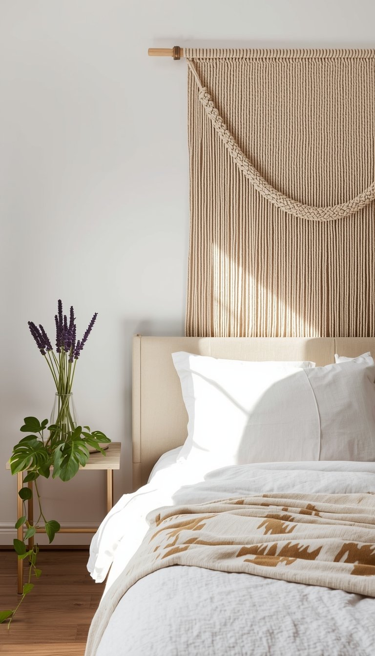 Large natural cotton macramé wall hanging above a bed in a bright spring minimalist bedroom