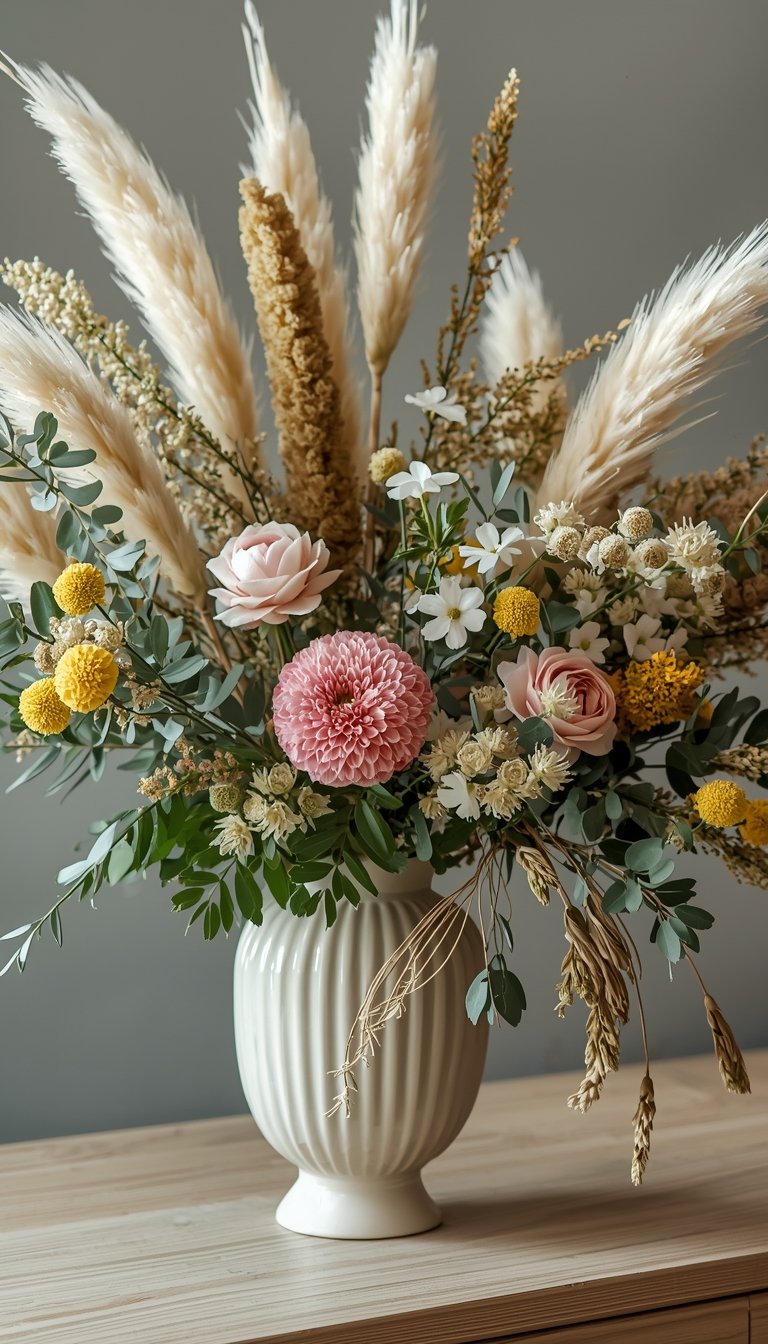 Mixed spring floral arrangement with dried pampas grass and fresh pink ranunculus in a ceramic vase