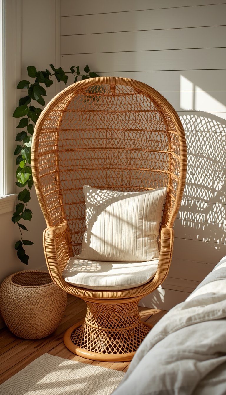 Rattan peacock accent chair with cream cushion in a bright spring bedroom corner