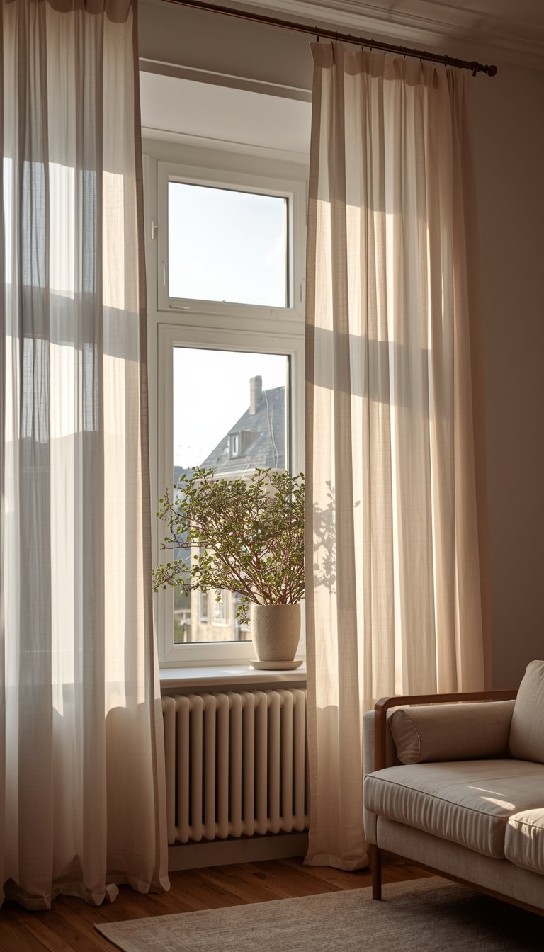 Sheer linen curtains in a bright spring living room letting in natural light