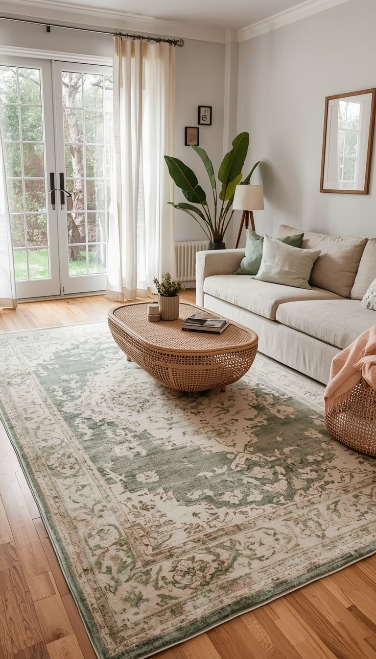 Soft pastel sage green area rug layered over hardwood floors in a bright spring living room