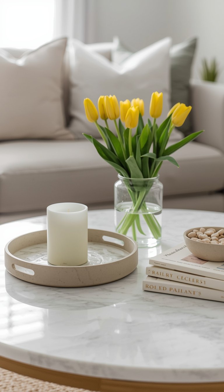 Spring coffee table vignette with tulips, candle, ceramic tray, and stacked books on marble table