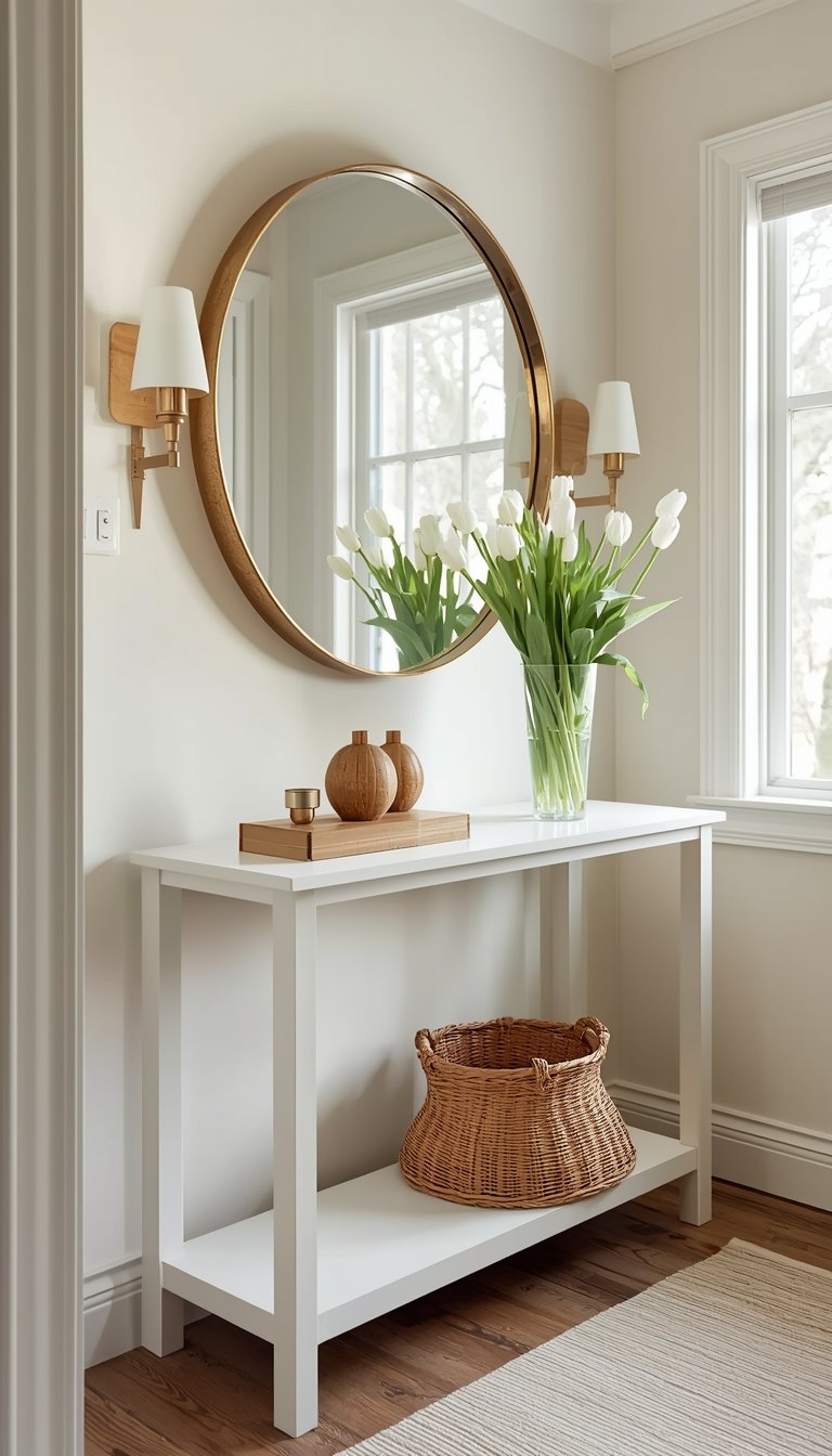 Spring entryway console table with tulips, round gold mirror, and woven storage basket