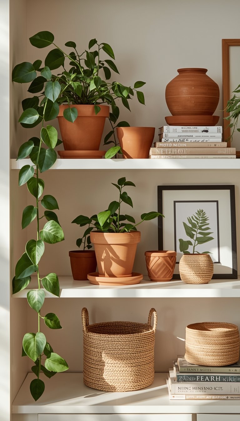 Spring-styled open shelves with trailing greenery, terracotta ceramics, and botanical prints