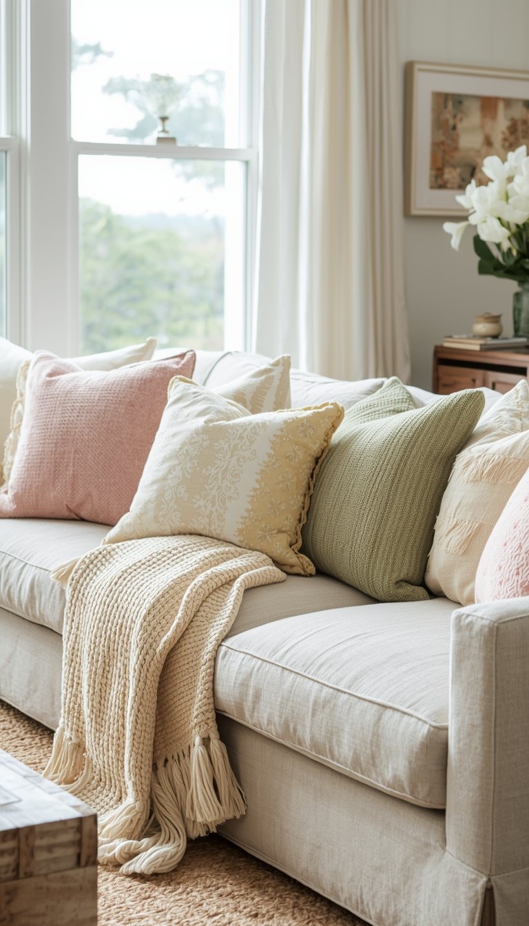 Spring throw pillows in pastel blush, sage green, and butter yellow on a linen sofa
