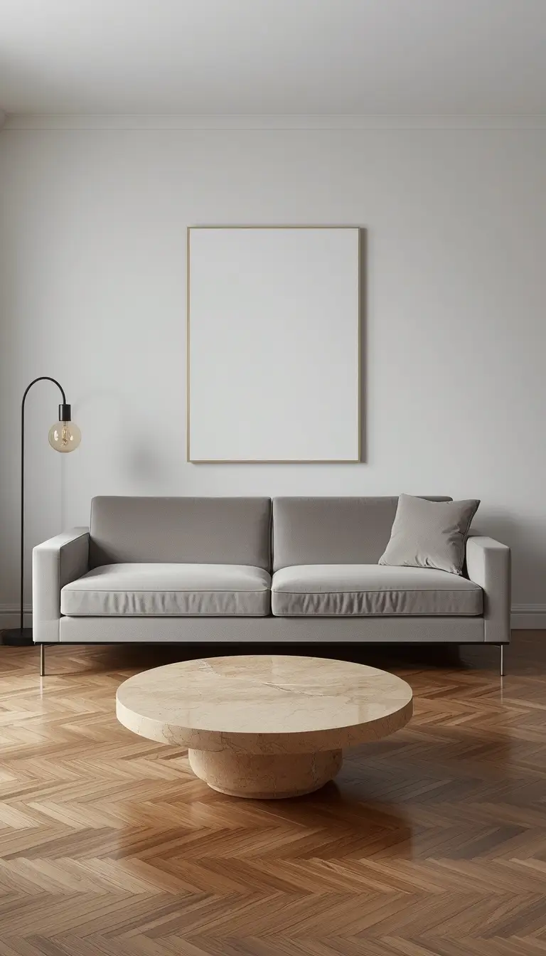 Modern apartment living room with grey velvet sofa floated away from wall and round travertine coffee table