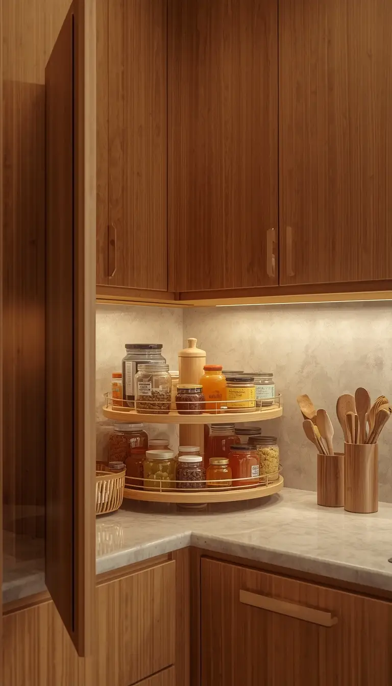 A cozy small kitchen corner cabinet open showing a rotating lazy susan filled with jars and containers small-kitchen-corner-cabinet-lazy-susan
