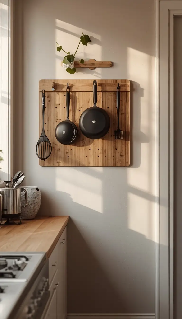 A cozy small kitchen wall fitted with a wooden pegboard holding hanging pots, pans, and utensils small-kitchen-pegboard-wall-storage-idea