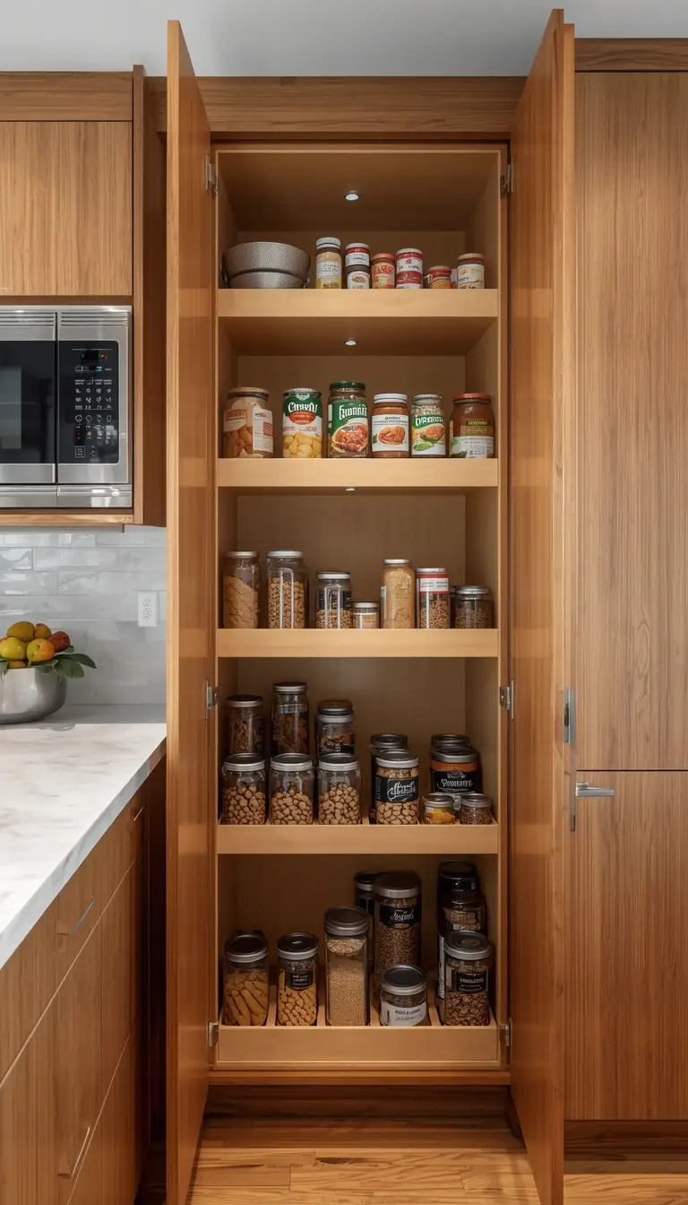 A narrow pull-out pantry cabinet in a small cozy kitchen, fully extended showing organized canned goods and jars small-kitchen-pull-out-pantry-cabinet