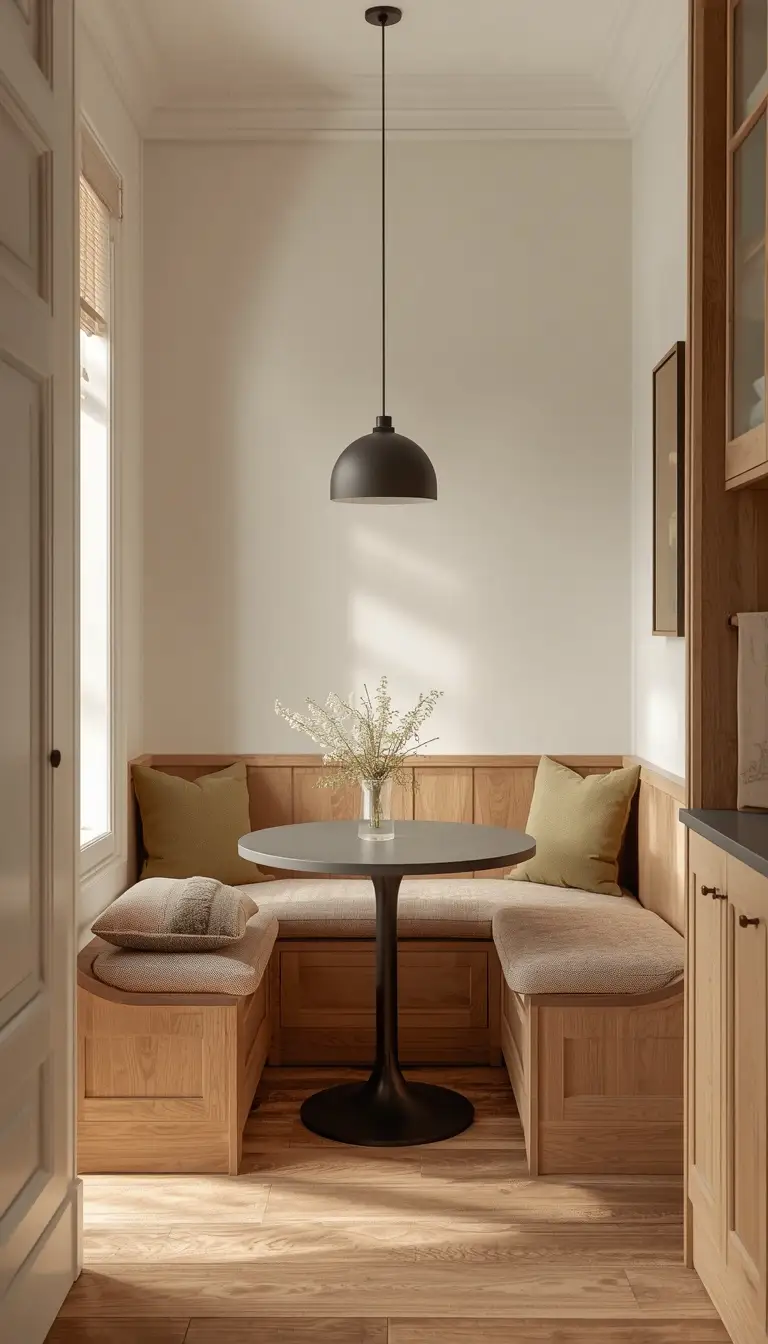 A small cozy kitchen corner with built-in wooden banquette seating, cushioned bench with storage underneath, small round table small-kitchen-banquette-seating-storage