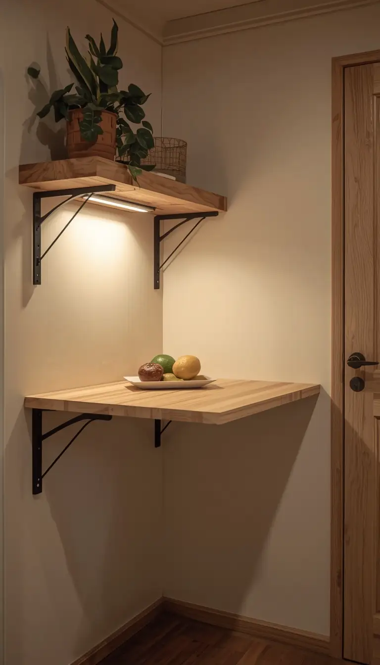 A small cozy kitchen with a folding floating wall-mounted table extended for use, wooden surface small-kitchen-floating-wall-table-prep-space