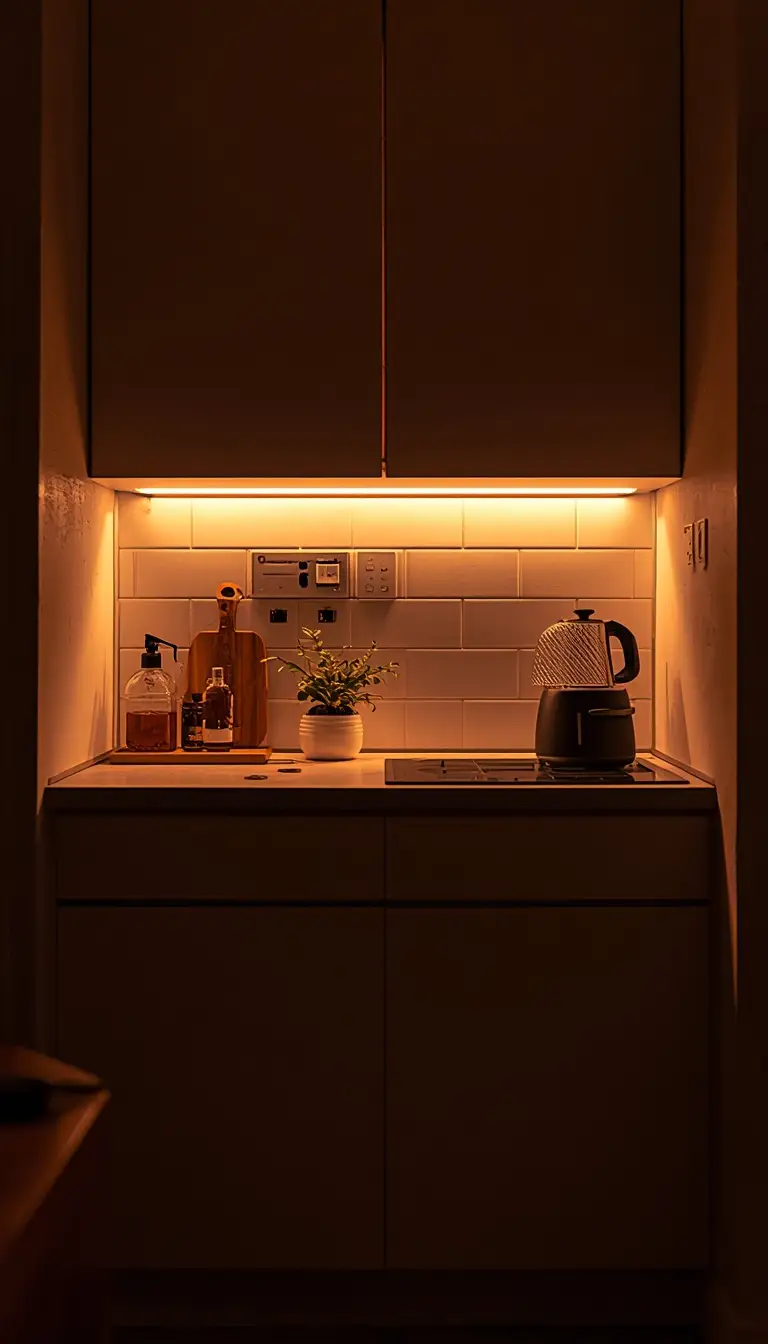 A small cozy kitchen with warm under-cabinet LED strip lighting illuminating the countertop
