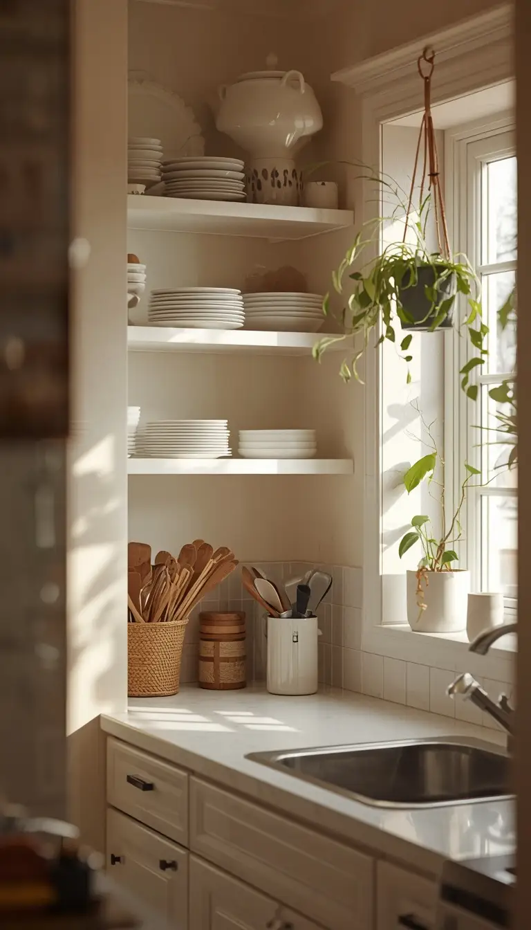 A small cozy kitchen with white open wooden shelves replacing upper cabinets, neatly arranged ceramic dishware, hanging plants small-kitchen-open-shelving-storage-idea