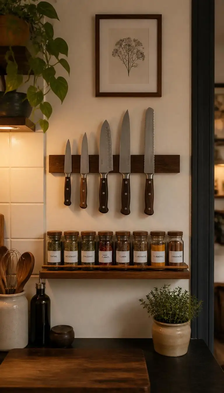 A small kitchen wall with a magnetic knife strip holding kitchen knives and a wooden spice rail small-kitchen-magnetic-knife-spice-rail