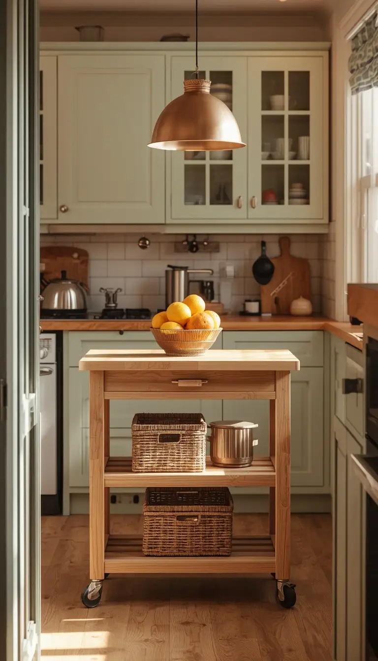 A tiny kitchen with a small rolling butcher block island, wooden countertop, lower shelf storage with basket small-kitchen-rolling-island-space-saving