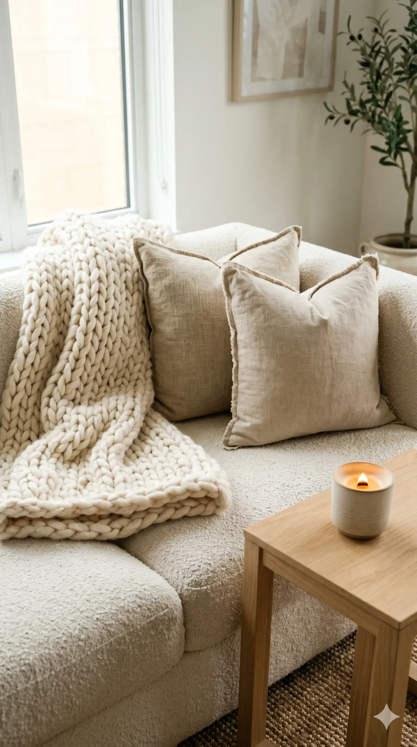 Modern apartment sofa corner with chunky ivory knit throw and linen pillows for cozy texture layering