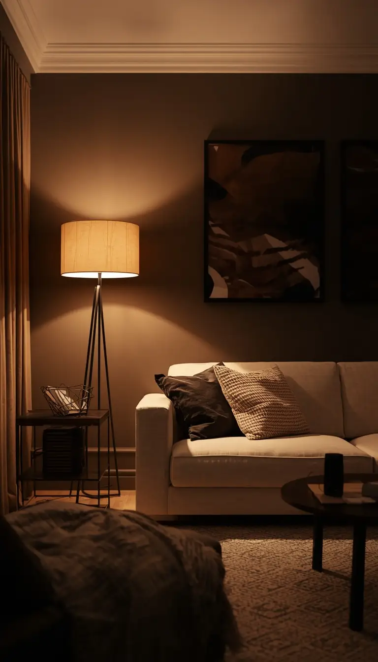 Modern apartment living room with layered three-point lighting including floor lamp pendant and table lamp