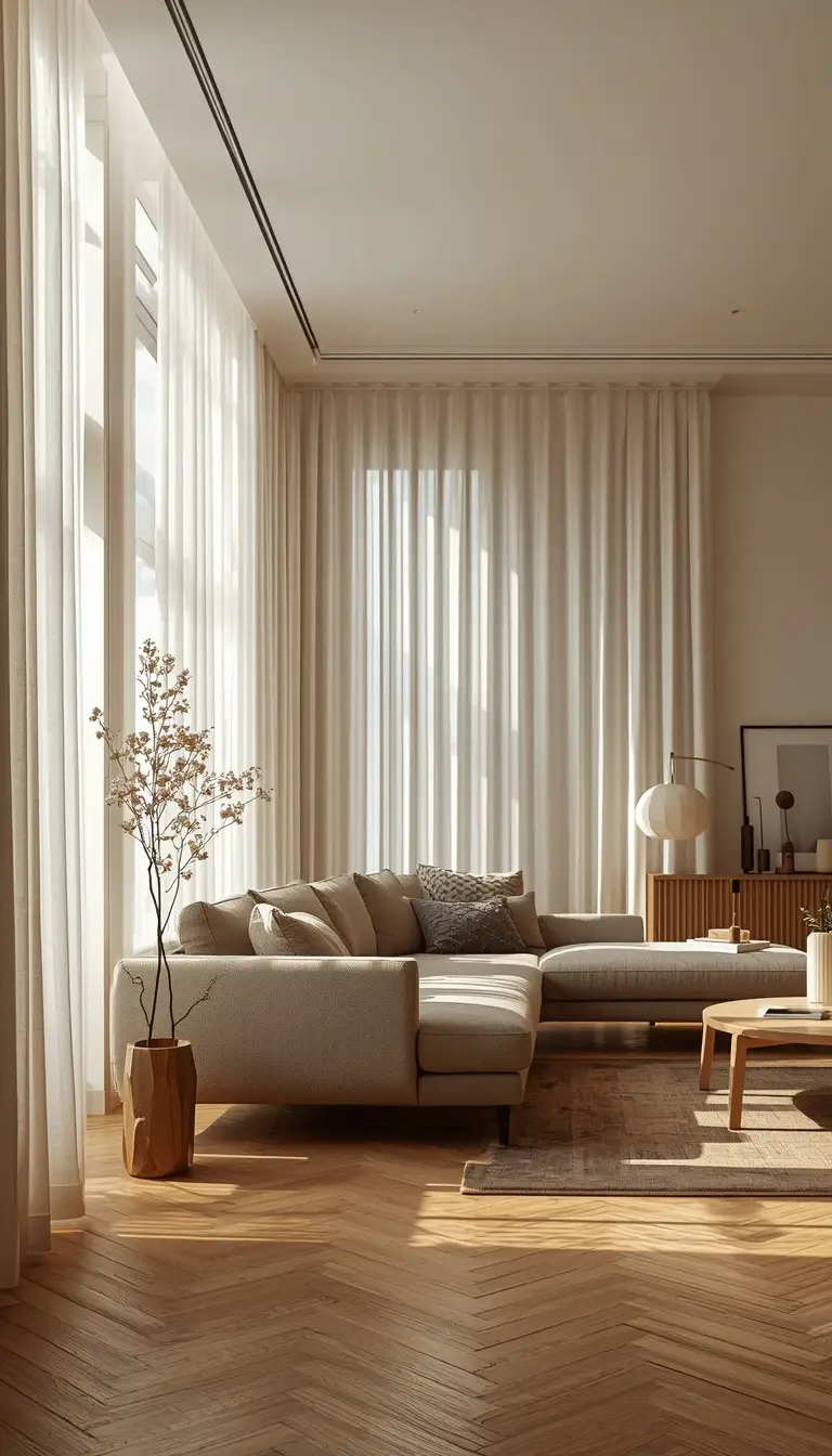 Modern apartment living room with floor-to-ceiling white linen curtains making ceilings look taller