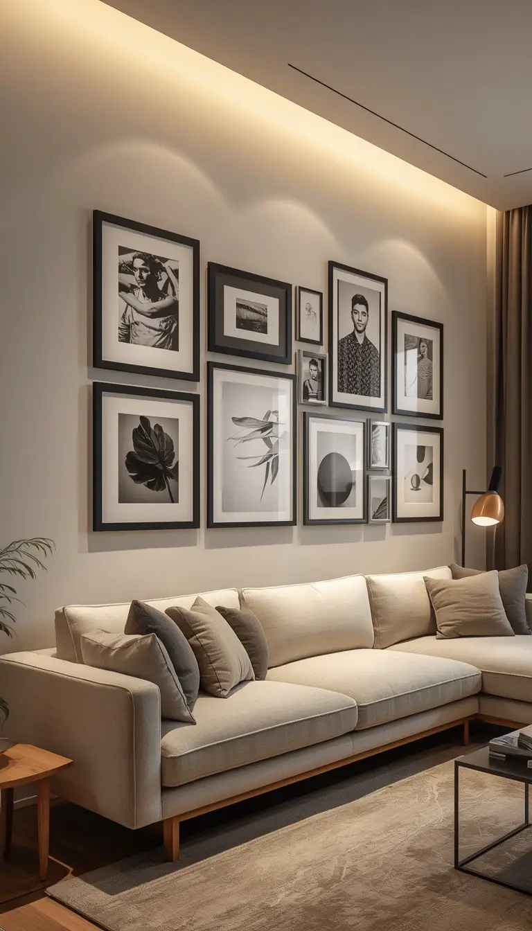 Chic modern living room gallery wall with black frames above a linen sofa in a minimal apartment