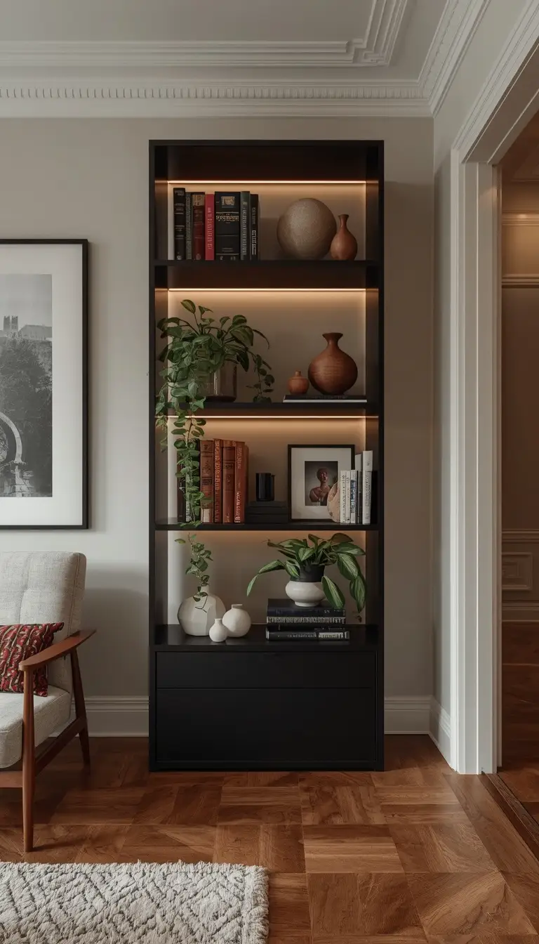 Tall black open bookshelf styled with books plants and ceramics as a design feature in a modern apartment