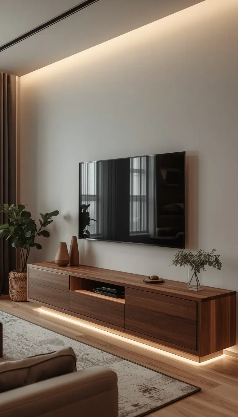 Modern apartment living room with low walnut media console below wall-mounted TV with plant styling