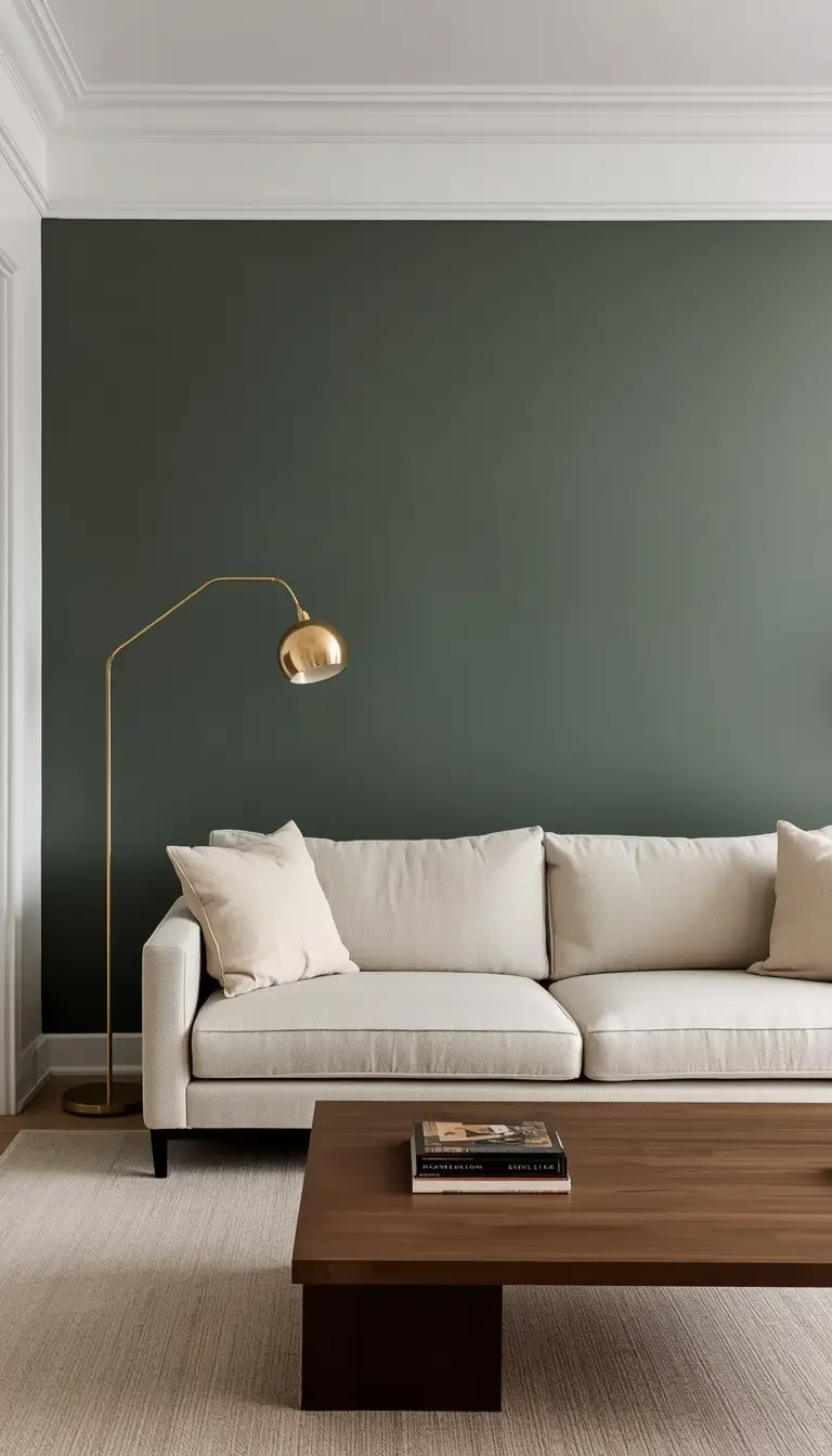 Modern apartment living room with deep sage green accent wall behind cream linen sofa and brass floor lamp