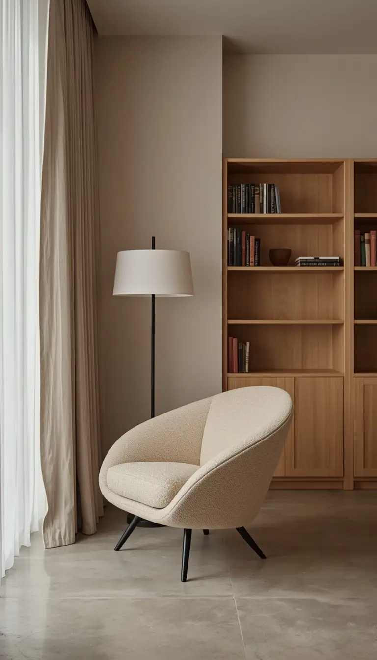 Modern apartment living room with cream boucle curved accent chair next to a floor lamp and sheer curtains